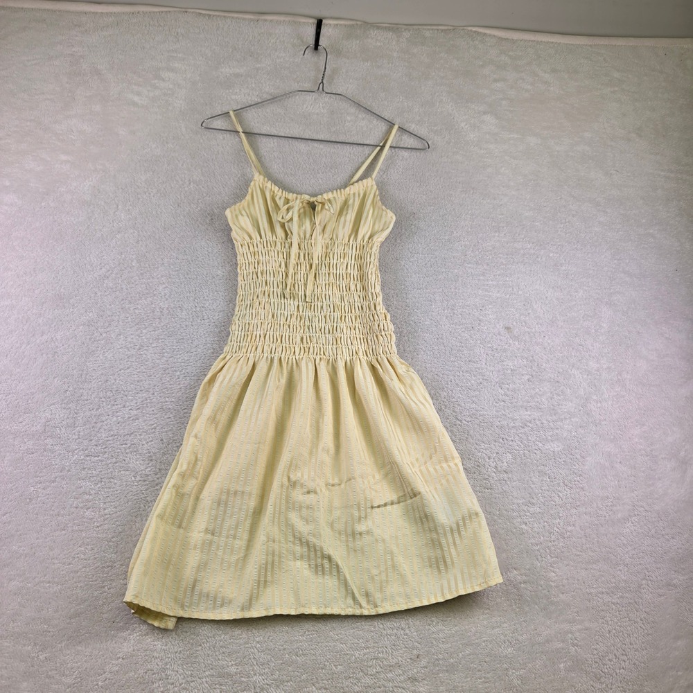 My Brand Yellow White Striped Smocked Tie Front Mini Dress Small NWT